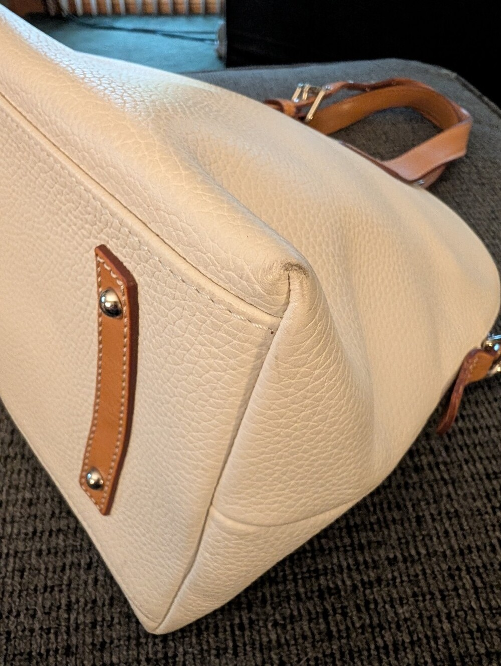 Dooney & Bourke Patterson Large Audrey Cream Leather Satchel with Tan Trim - Picture 12 of 12